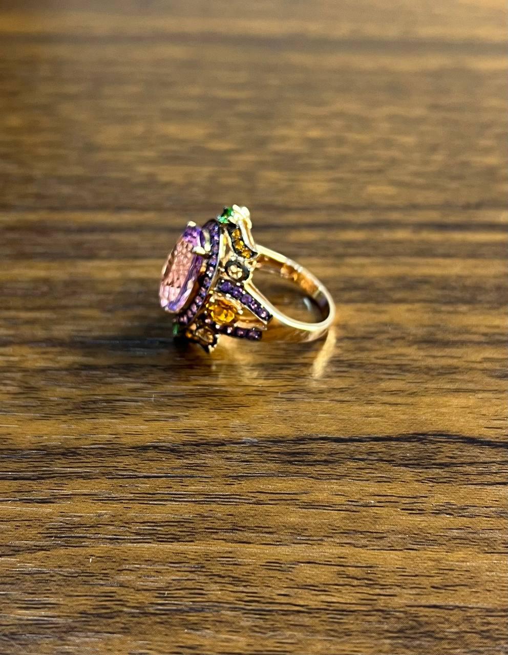 Purple Amethyst Rainbow Color Gemstone Diamonds 14K Gold Statement Cocktail Ring