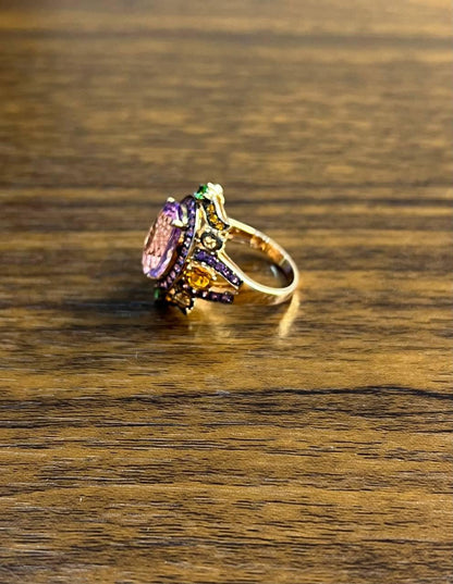Purple Amethyst Rainbow Color Gemstone Diamonds 14K Gold Statement Cocktail Ring