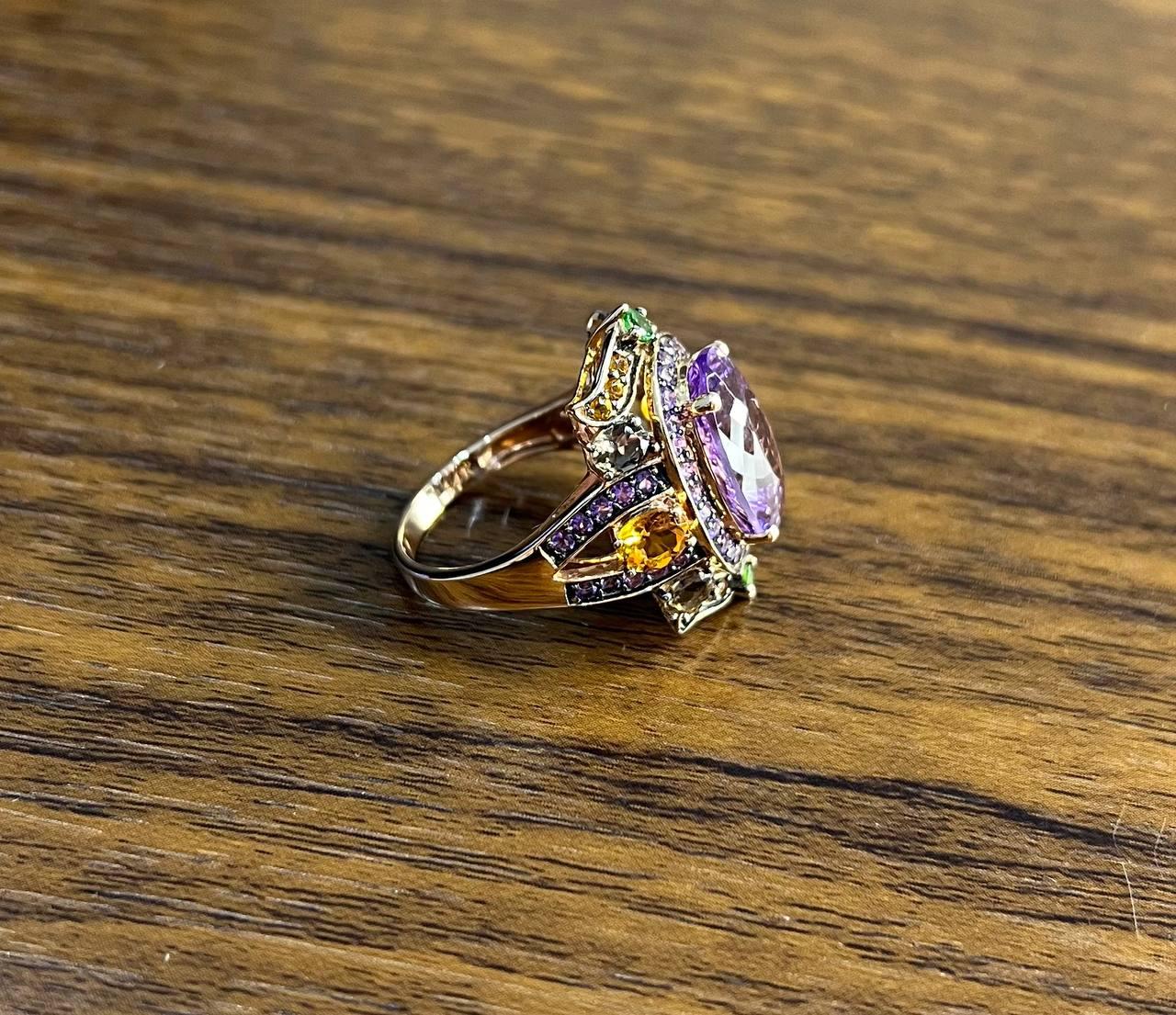 Purple Amethyst Rainbow Color Gemstone Diamonds 14K Gold Statement Cocktail Ring