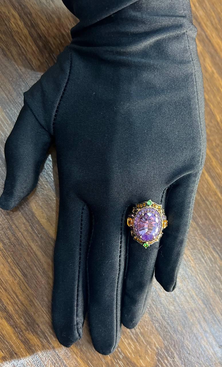 Purple Amethyst Rainbow Color Gemstone Diamonds 14K Gold Statement Cocktail Ring