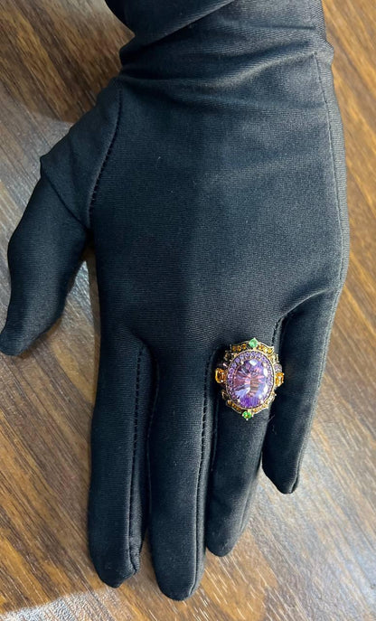 Purple Amethyst Rainbow Color Gemstone Diamonds 14K Gold Statement Cocktail Ring