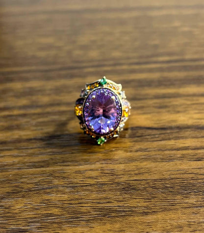 Purple Amethyst Rainbow Color Gemstone Diamonds 14K Gold Statement Cocktail Ring
