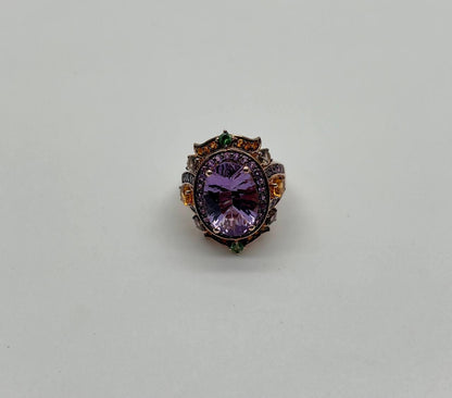 Purple Amethyst Rainbow Color Gemstone Diamonds 14K Gold Statement Cocktail Ring