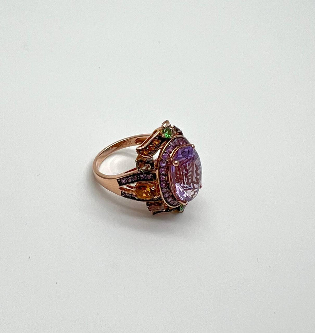 Purple Amethyst Rainbow Color Gemstone Diamonds 14K Gold Statement Cocktail Ring