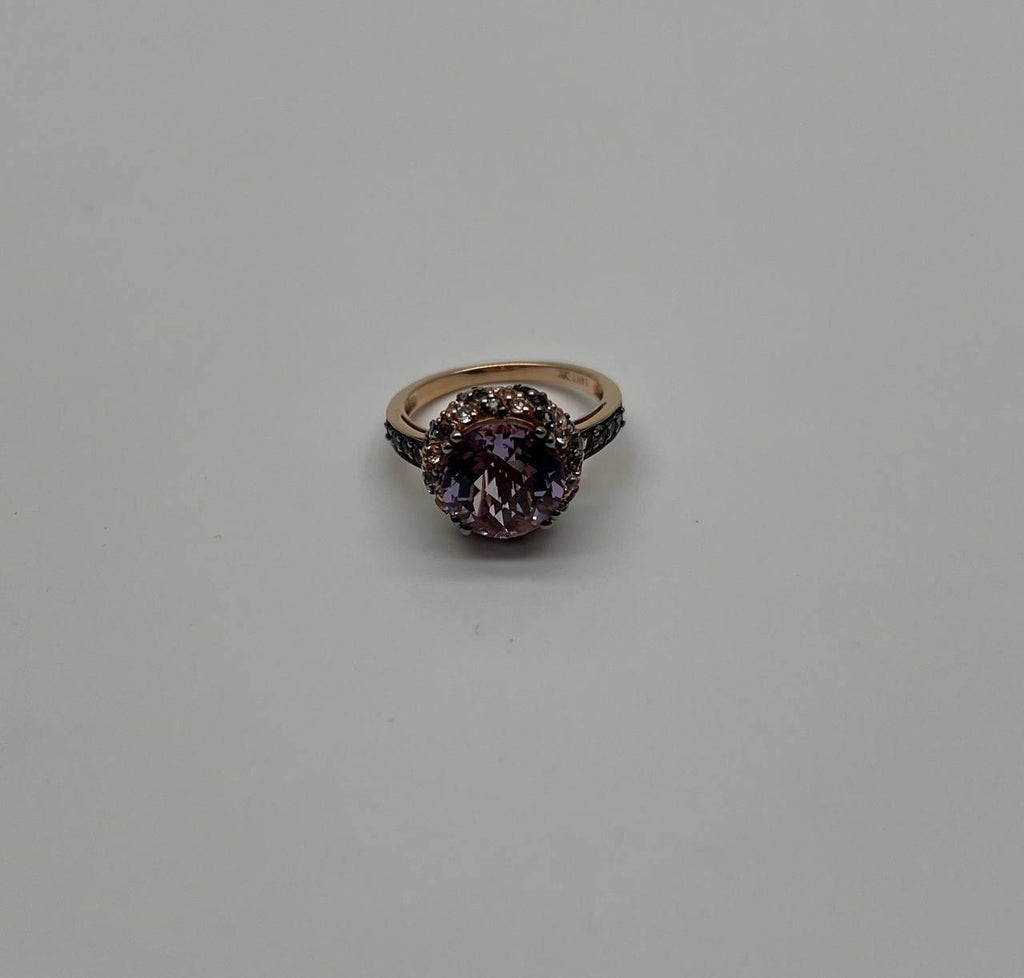 Purple Violet Amethyst White Brown Diamonds Pave Set Halo 14K Rose Gold Ring