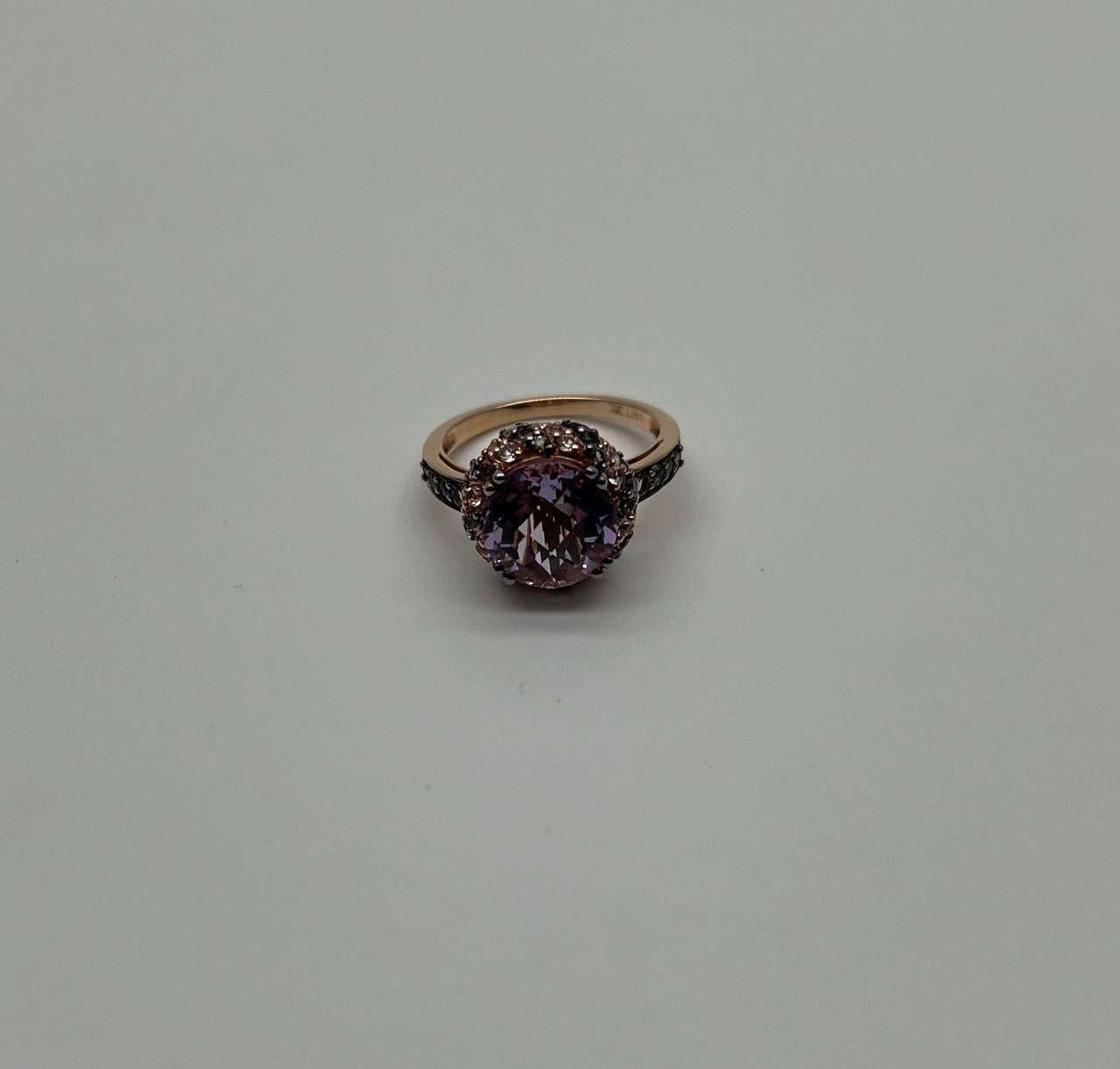 Purple Violet Amethyst White Brown Diamonds Pave Set Halo 14K Rose Gold Ring