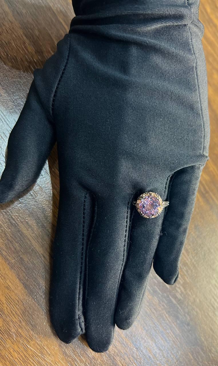 Purple Violet Amethyst White Brown Diamonds Pave Set Halo 14K Rose Gold Ring
