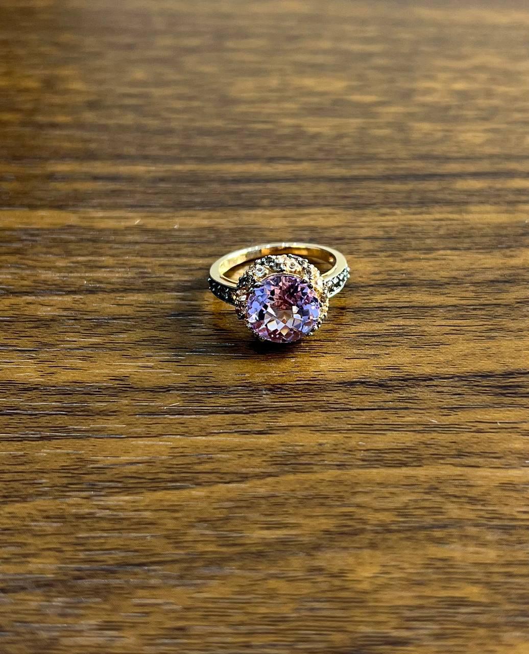 Purple Violet Amethyst White Brown Diamonds Pave Set Halo 14K Rose Gold Ring