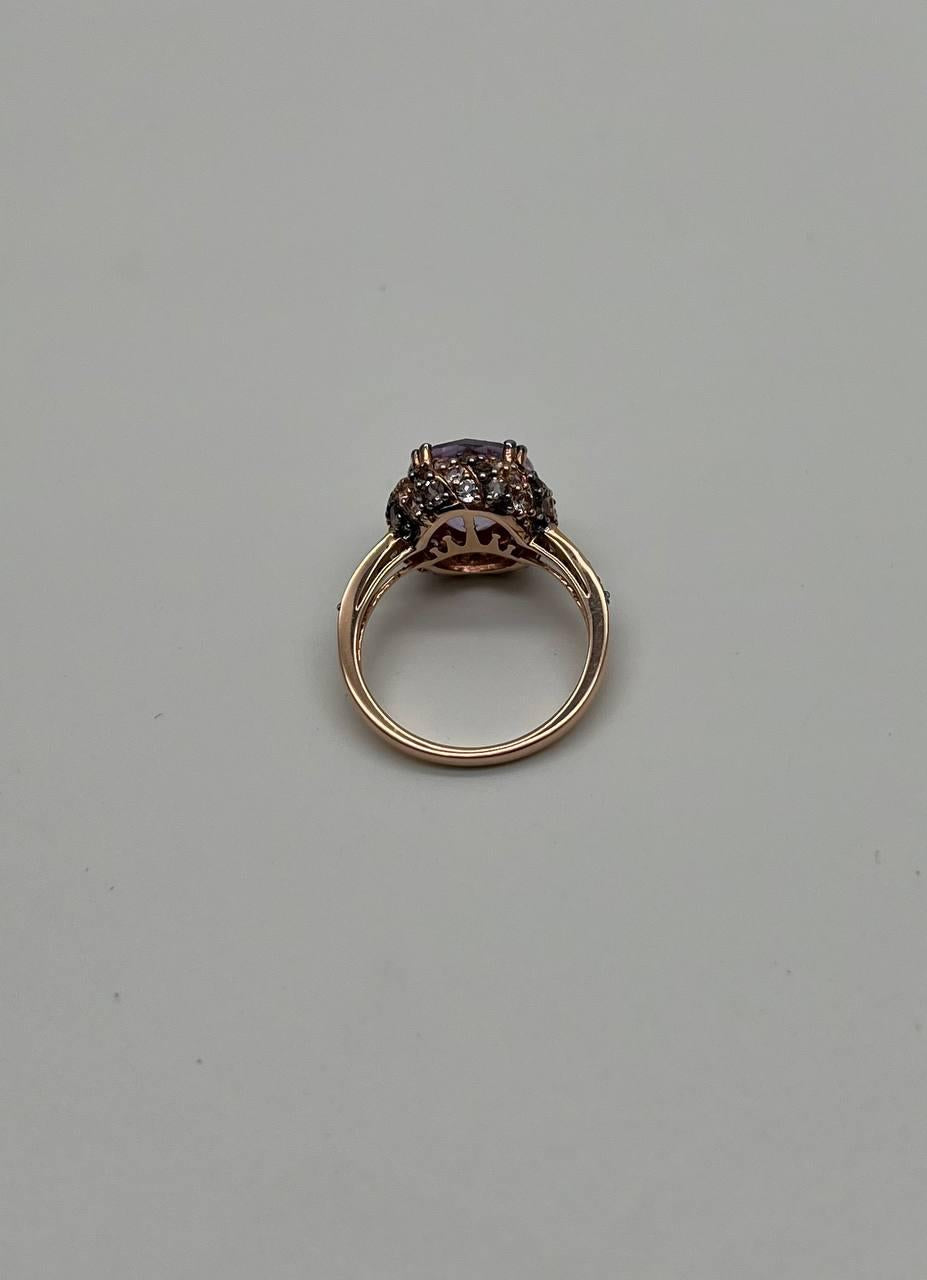 Purple Violet Amethyst White Brown Diamonds Pave Set Halo 14K Rose Gold Ring
