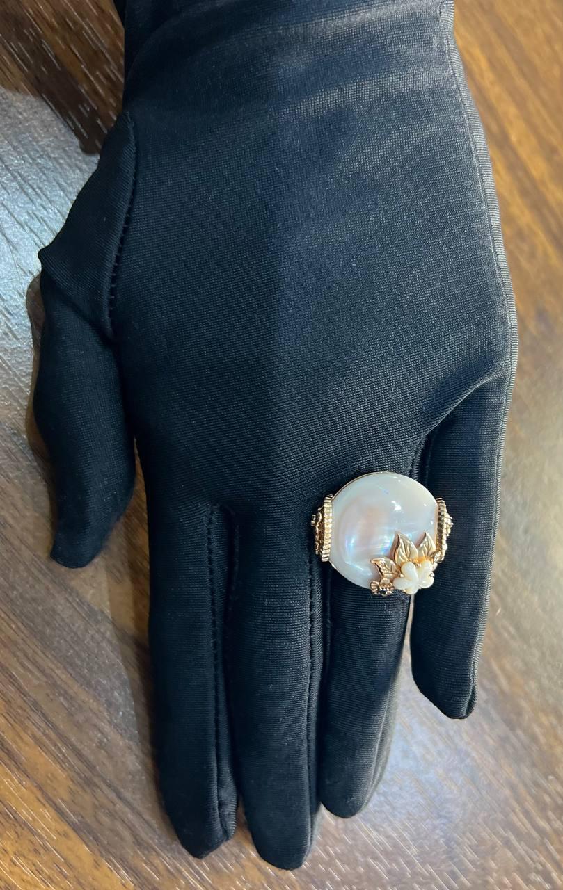 Pink White Mother of Pearl Floral Flower Nature Leaf Inspired 14K Rose Gold Ring