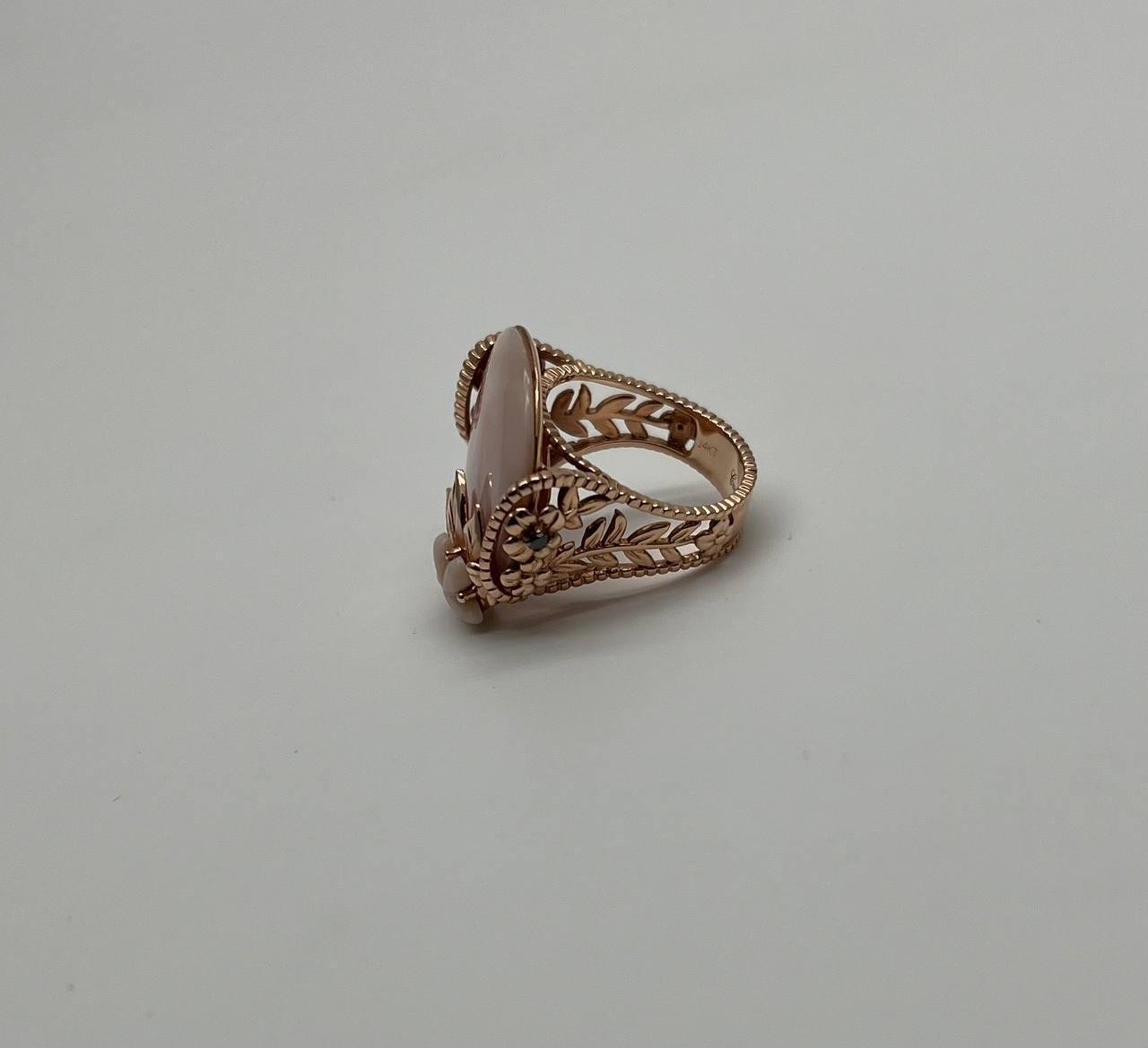 Pink White Mother of Pearl Floral Flower Nature Leaf Inspired 14K Rose Gold Ring