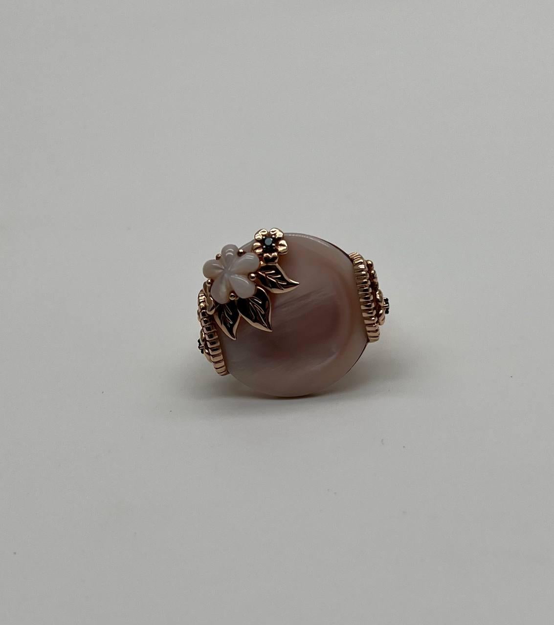 Pink White Mother of Pearl Floral Flower Nature Leaf Inspired 14K Rose Gold Ring
