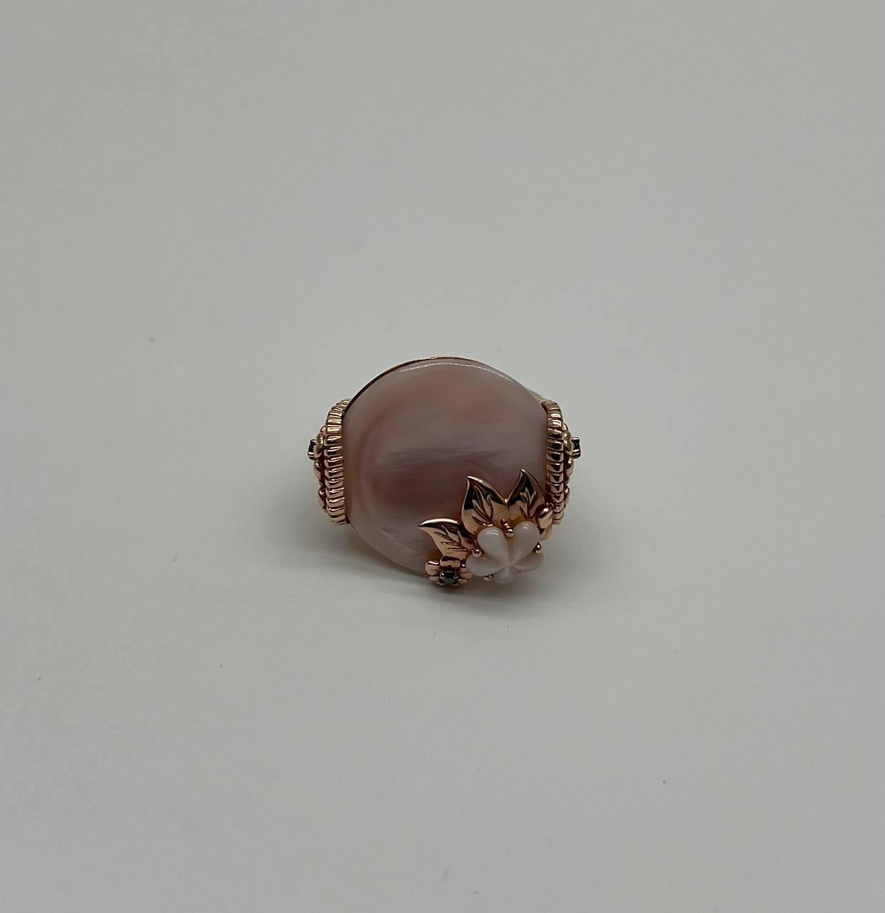 Pink White Mother of Pearl Floral Flower Nature Leaf Inspired 14K Rose Gold Ring