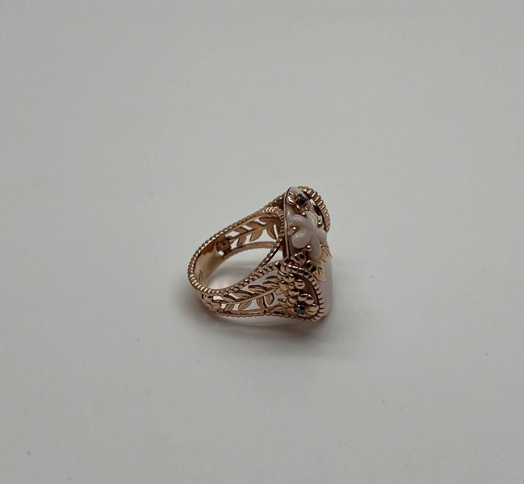 Pink White Mother of Pearl Floral Flower Nature Leaf Inspired 14K Rose Gold Ring