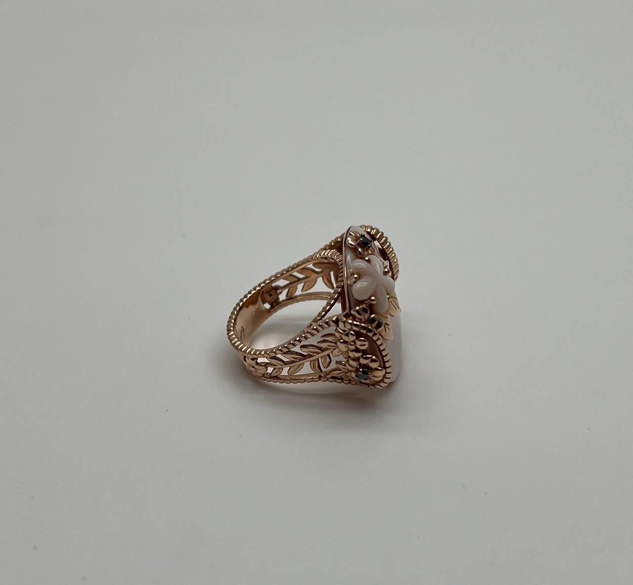 Pink White Mother of Pearl Floral Flower Nature Leaf Inspired 14K Rose Gold Ring