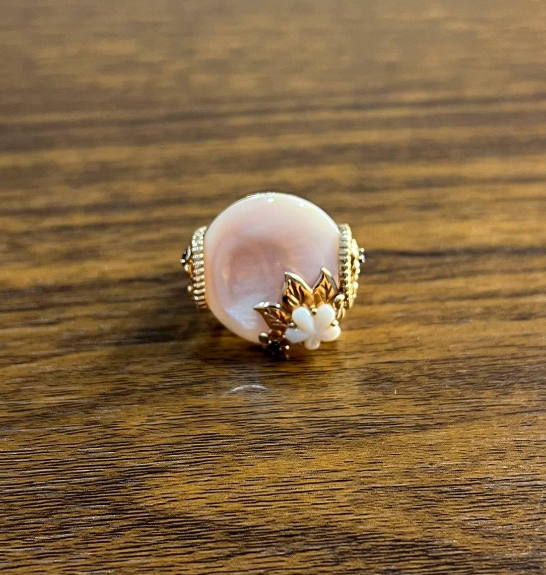 Pink White Mother of Pearl Floral Flower Nature Leaf Inspired 14K Rose Gold Ring