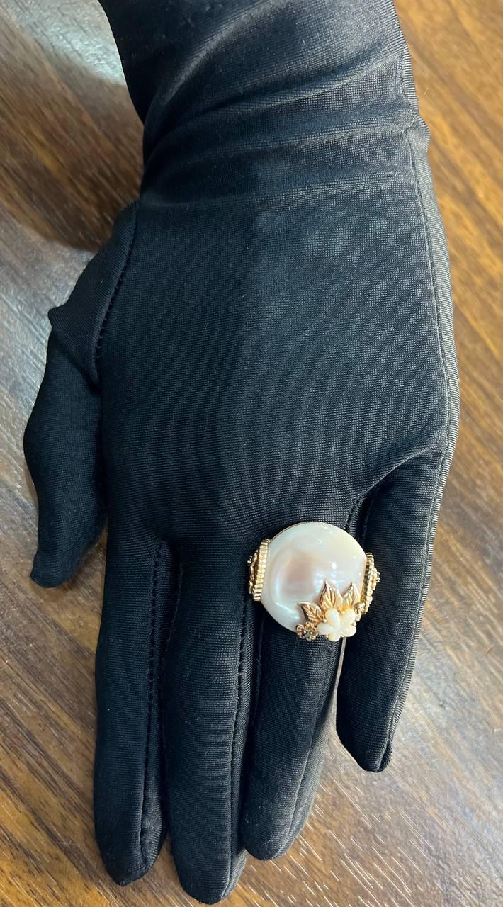 Pink White Mother of Pearl Floral Flower Nature Leaf Inspired 14K Rose Gold Ring
