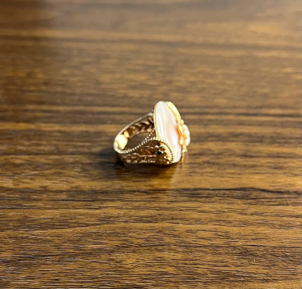 Pink White Mother of Pearl Floral Flower Nature Leaf Inspired 14K Rose Gold Ring