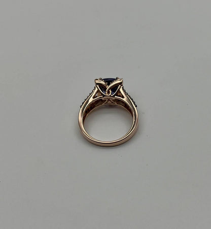 Round Shape Cut Blue Violet Tanzanite White Diamond Statement 14K Rose Gold Ring