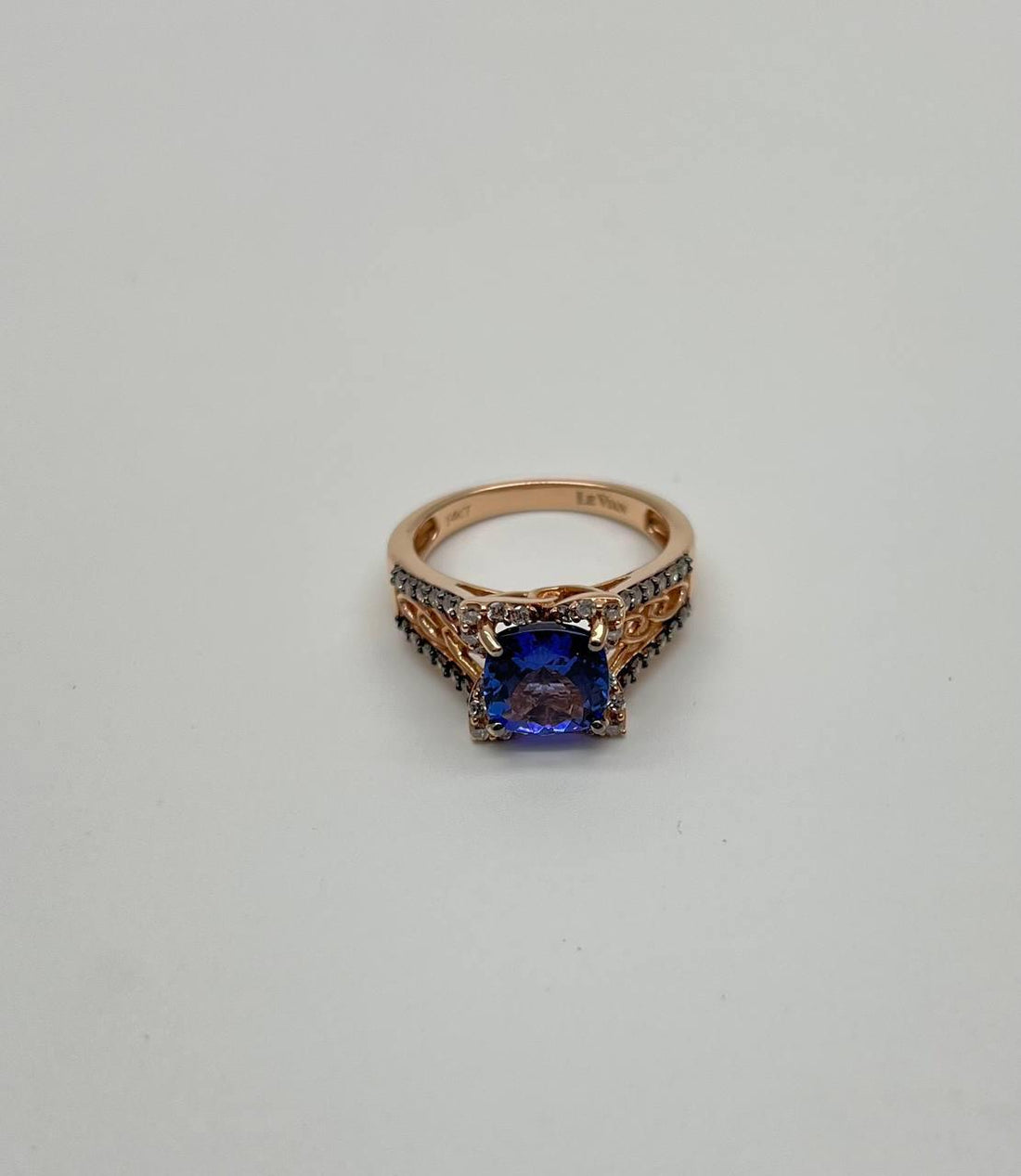 Round Shape Cut Blue Violet Tanzanite White Diamond Statement 14K Rose Gold Ring