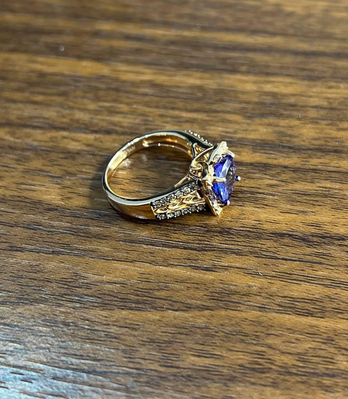 Round Shape Cut Blue Violet Tanzanite White Diamond Statement 14K Rose Gold Ring