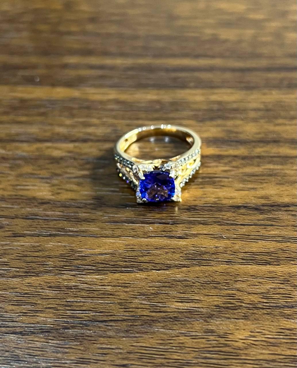 round shape cut blue violet tanzanite white diamond statement 14k rose gold ring