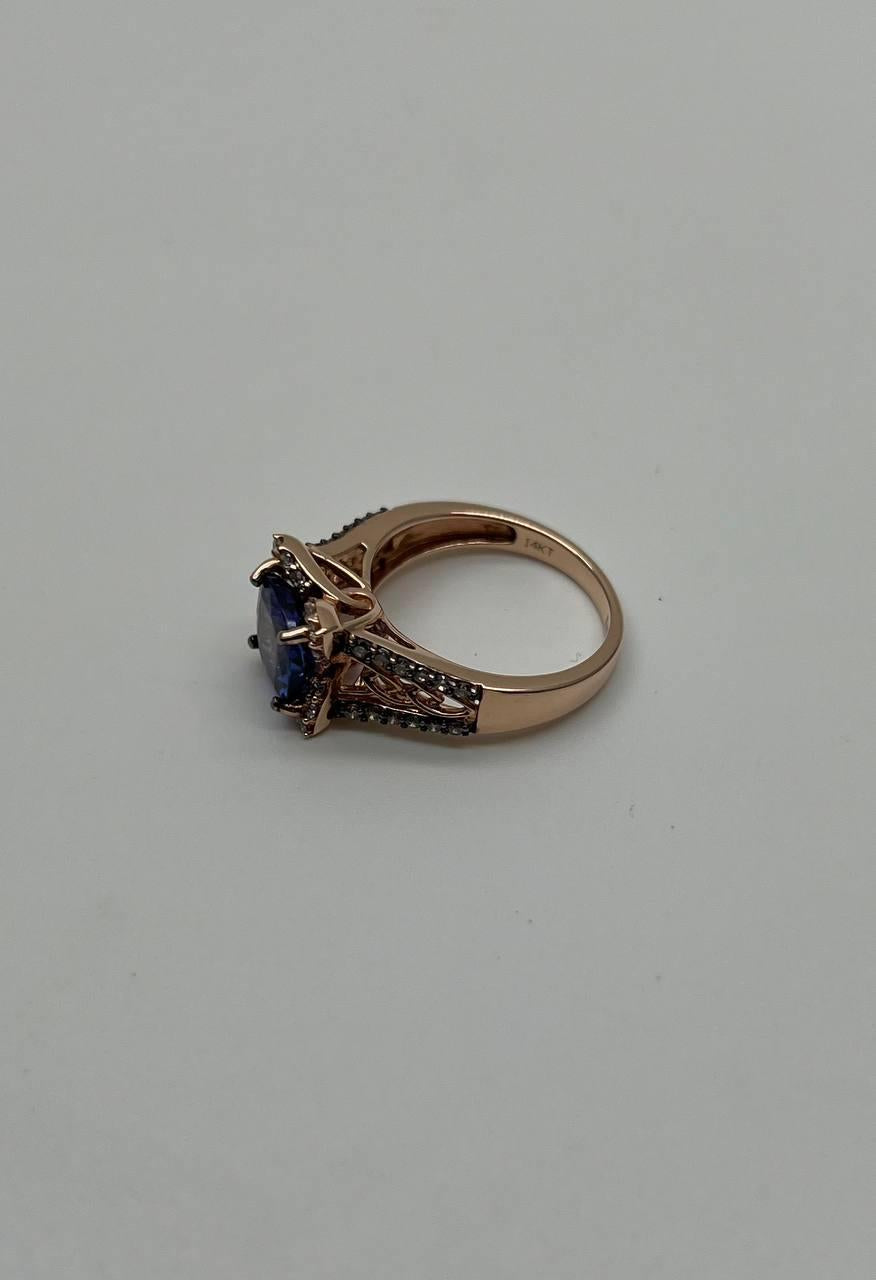 round shape cut blue violet tanzanite white diamond statement 14k rose gold ring