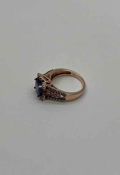 Round Shape Cut Blue Violet Tanzanite White Diamond Statement 14K Rose Gold Ring