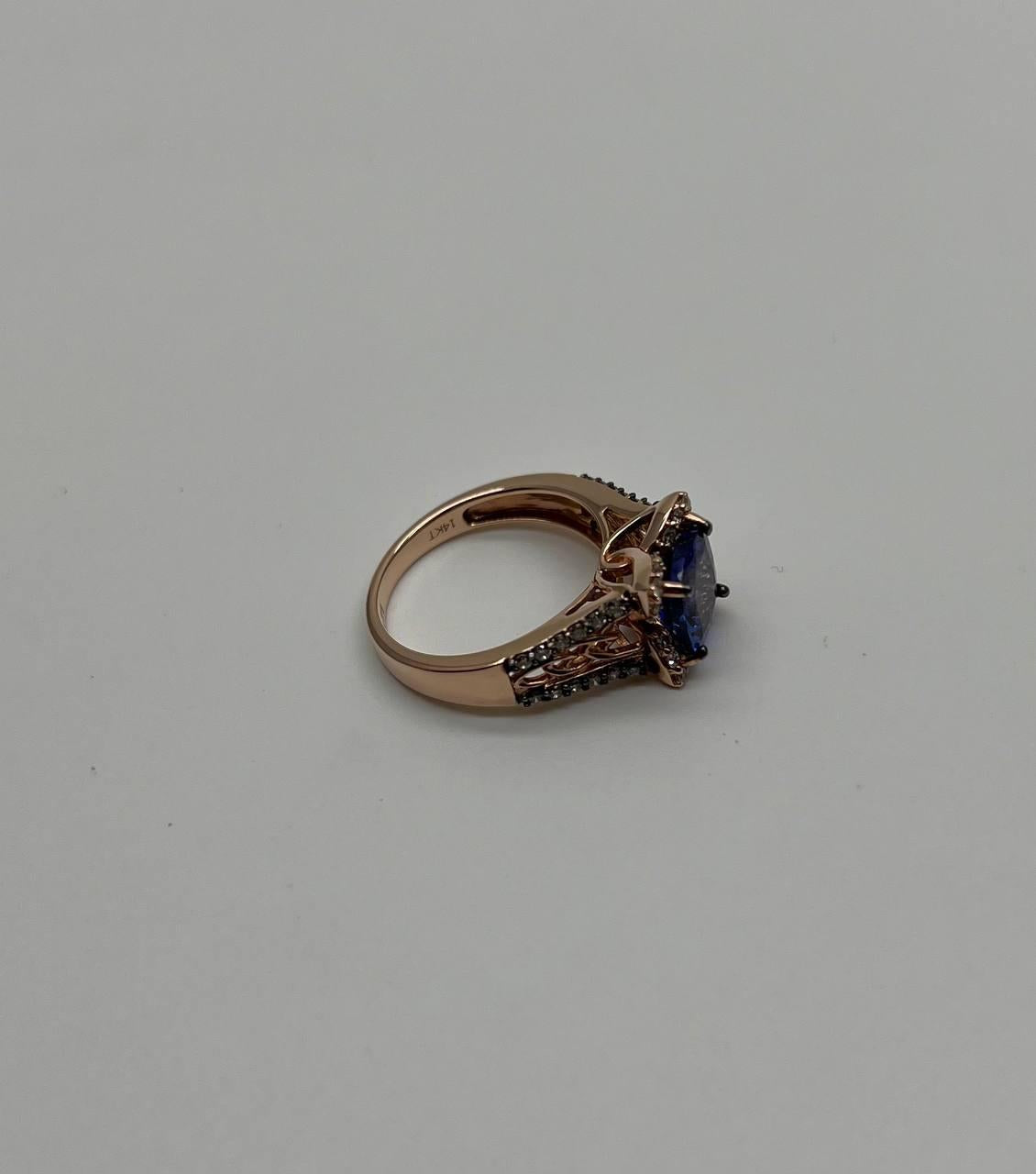 Round Shape Cut Blue Violet Tanzanite White Diamond Statement 14K Rose Gold Ring