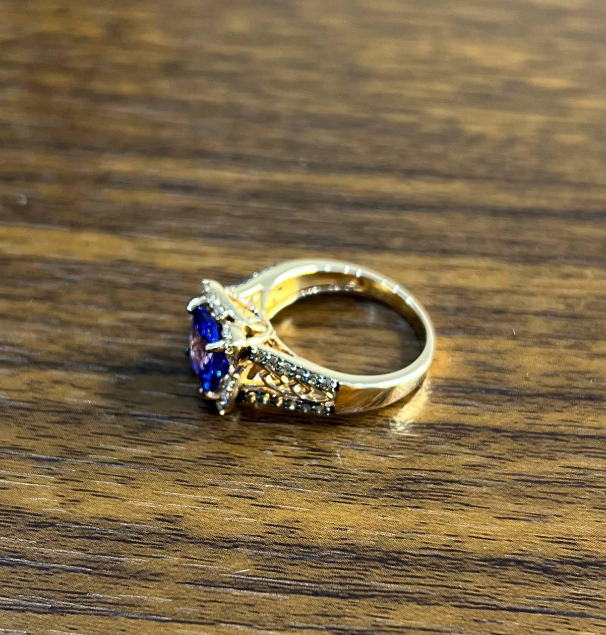 Round Shape Cut Blue Violet Tanzanite White Diamond Statement 14K Rose Gold Ring