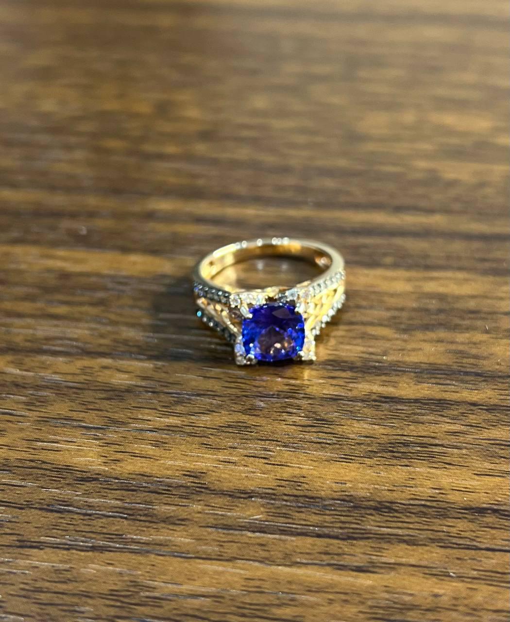 round shape cut blue violet tanzanite white diamond statement 14k rose gold ring
