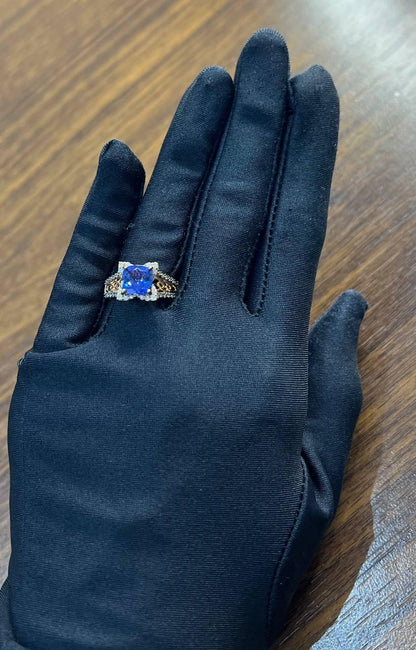 Round Shape Cut Blue Violet Tanzanite White Diamond Statement 14K Rose Gold Ring