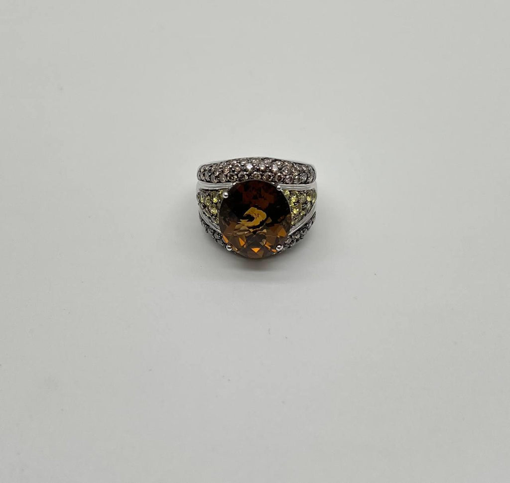 Oval Amber Orange Citrine Yellow Sapphire Diamond Pave Set 14K White Gold Ring
