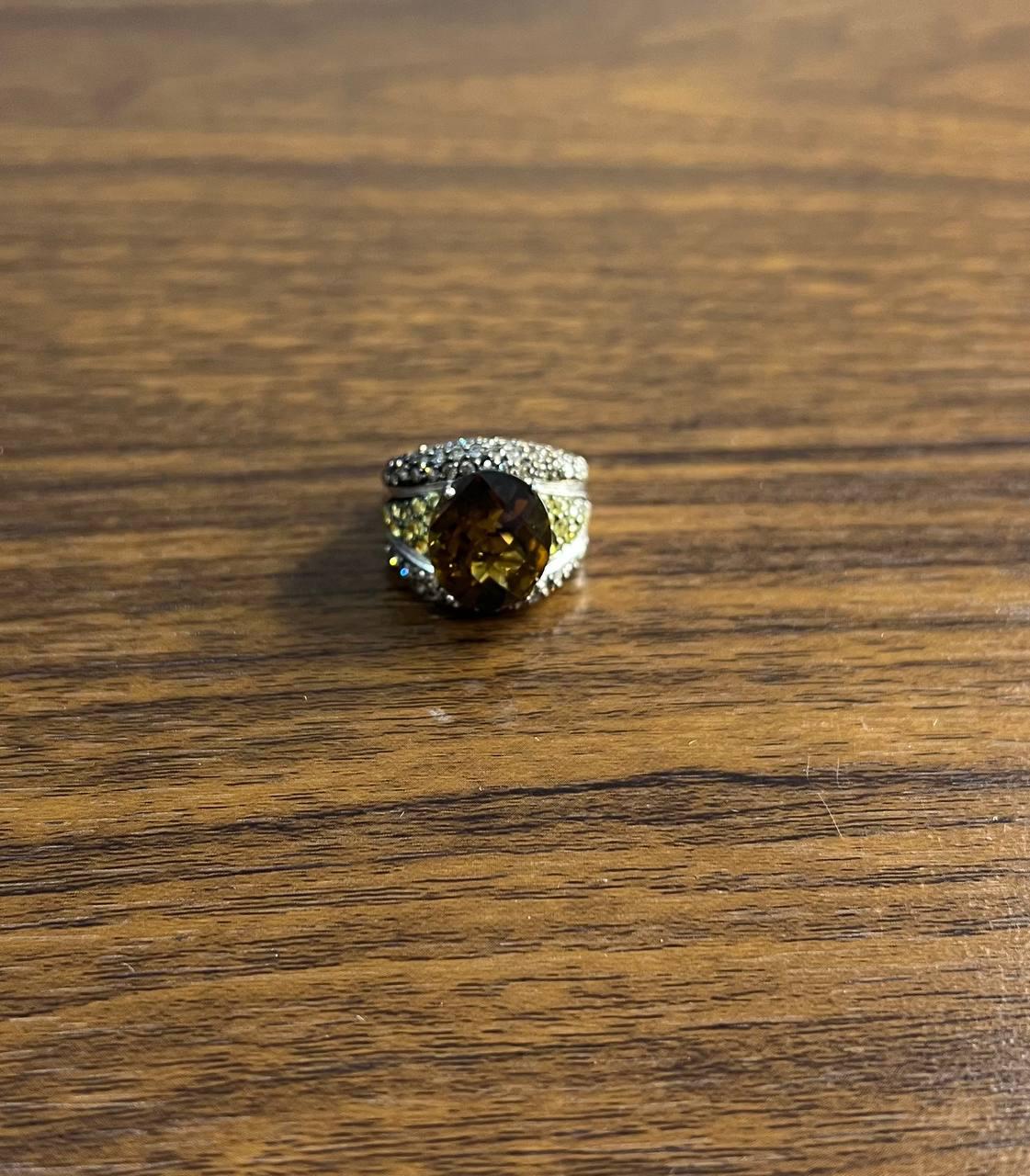 Oval Amber Orange Citrine Yellow Sapphire Diamond Pave Set 14K White Gold Ring