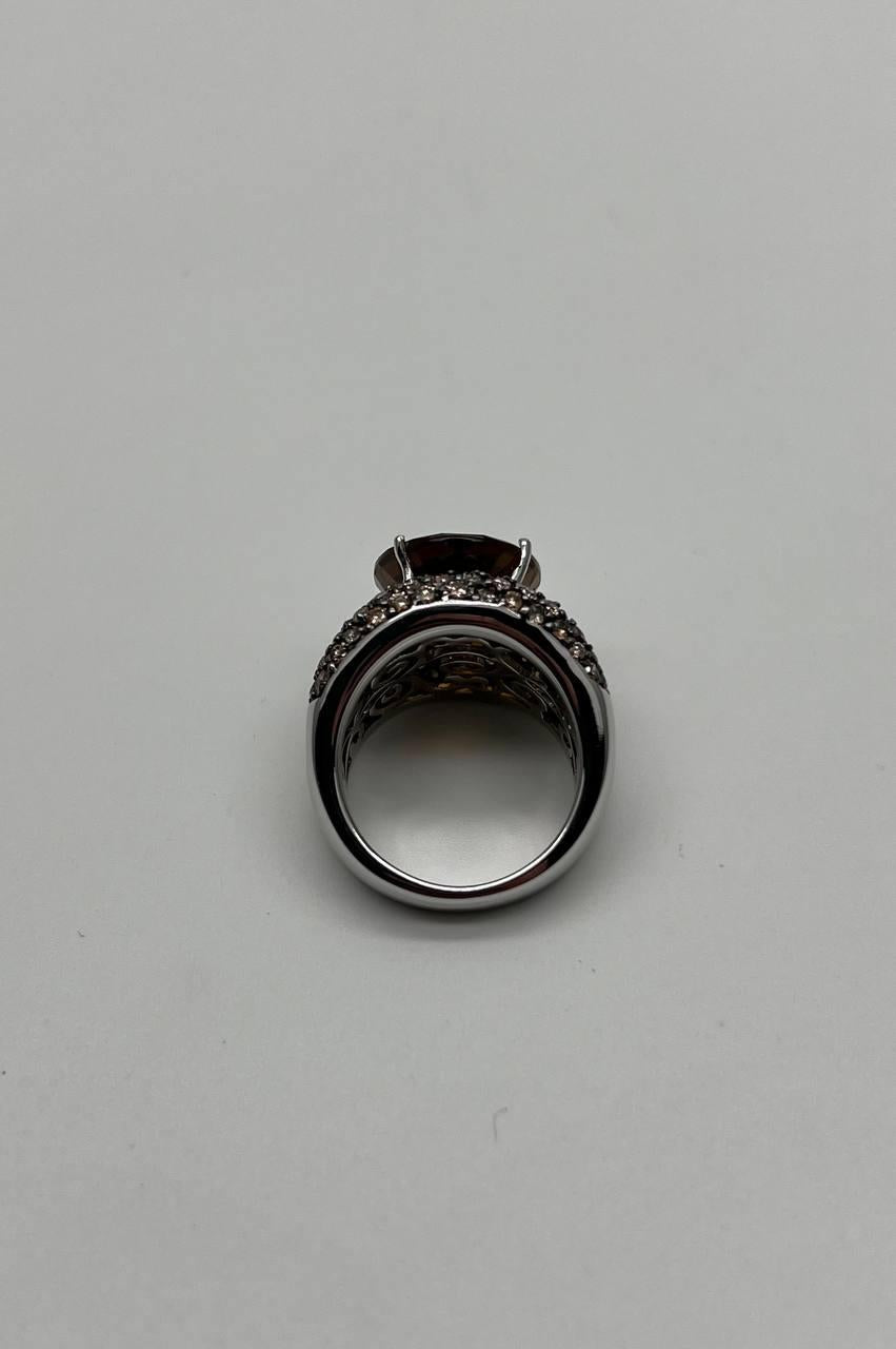 Oval Amber Orange Citrine Yellow Sapphire Diamond Pave Set 14K White Gold Ring