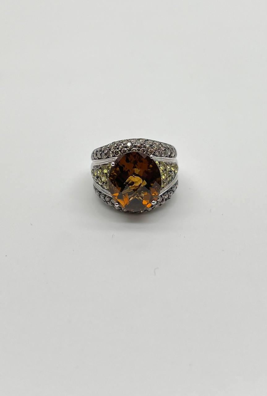 Oval Amber Orange Citrine Yellow Sapphire Diamond Pave Set 14K White Gold Ring
