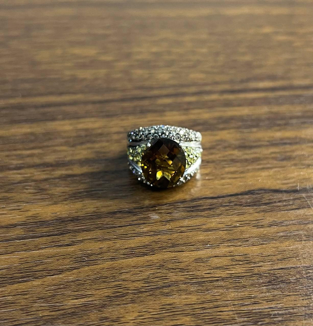 Oval Amber Orange Citrine Yellow Sapphire Diamond Pave Set 14K White Gold Ring