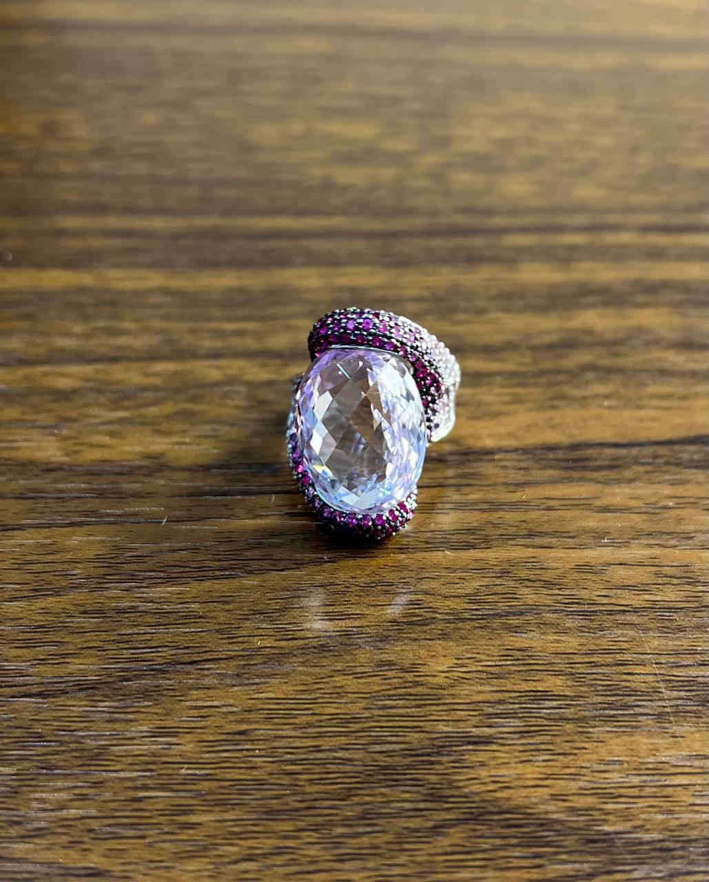 Oval Cut Light Purple Amethyst Pink Sapphire Pave 18K White Gold Statement Ring
