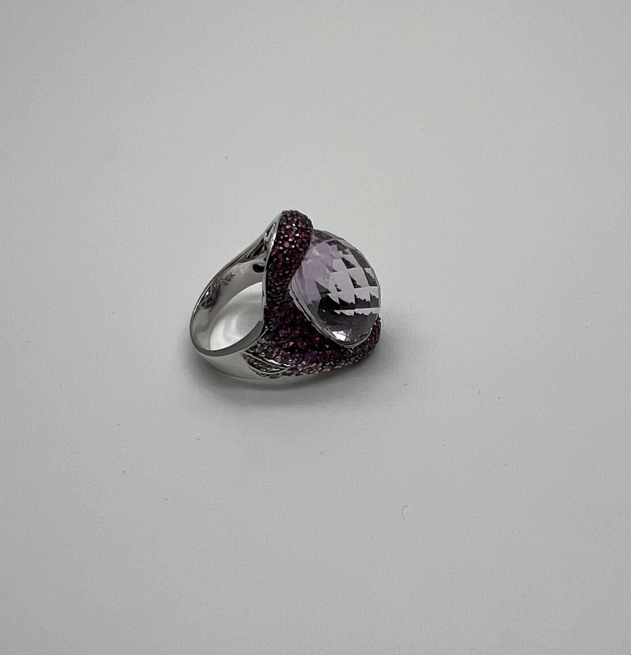 Oval Cut Light Purple Amethyst Pink Sapphire Pave 18K White Gold Statement Ring