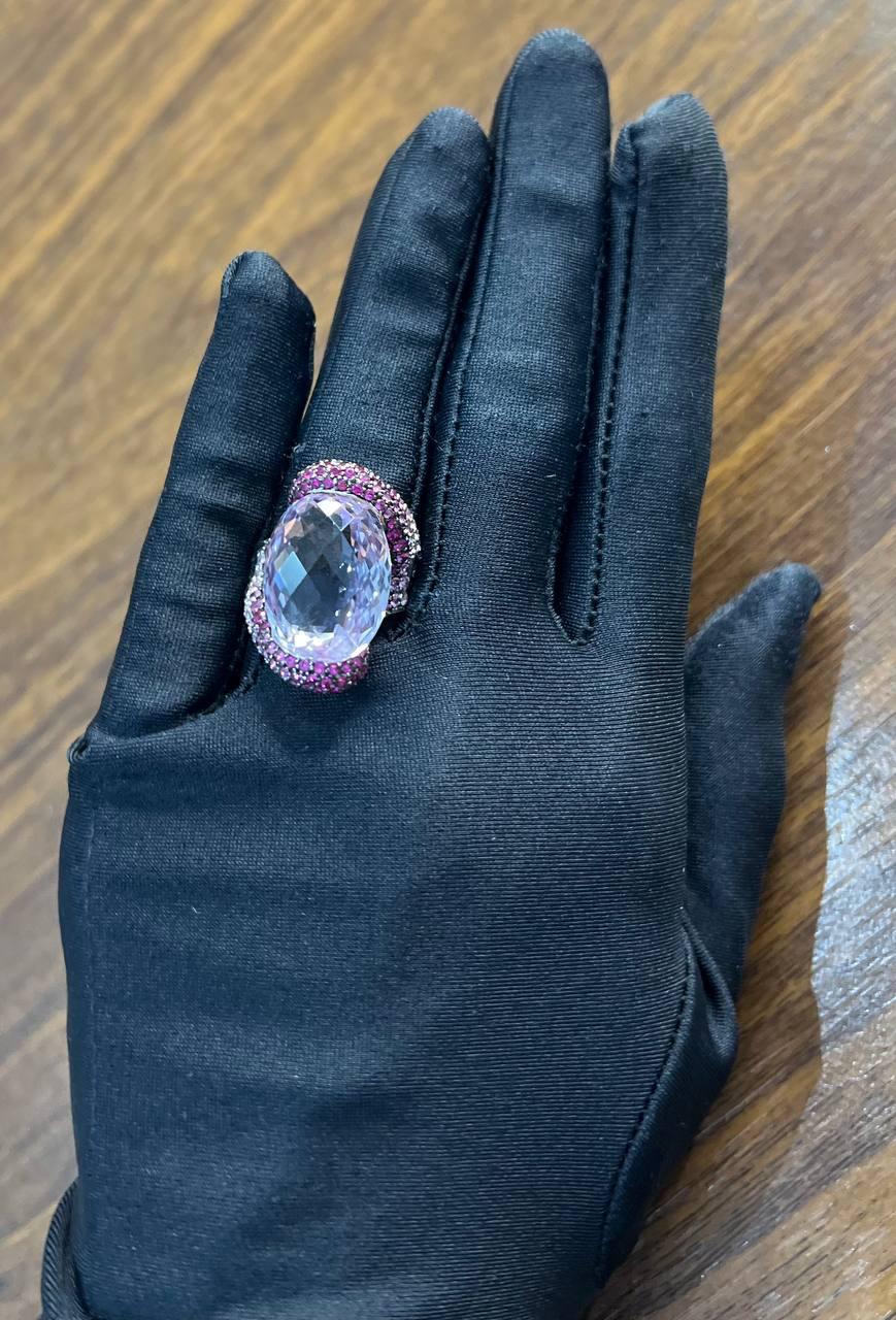 Oval Cut Light Purple Amethyst Pink Sapphire Pave 18K White Gold Statement Ring