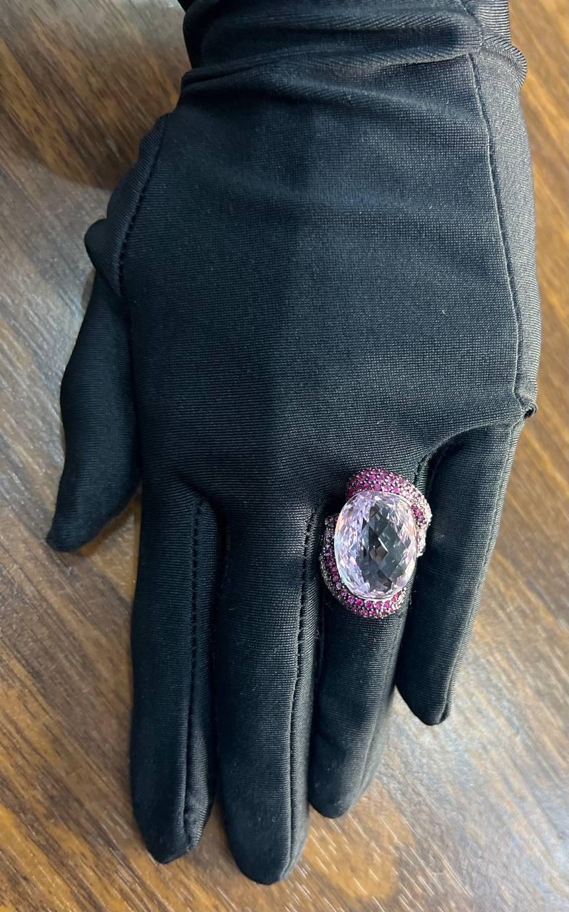 Oval Cut Light Purple Amethyst Pink Sapphire Pave 18K White Gold Statement Ring