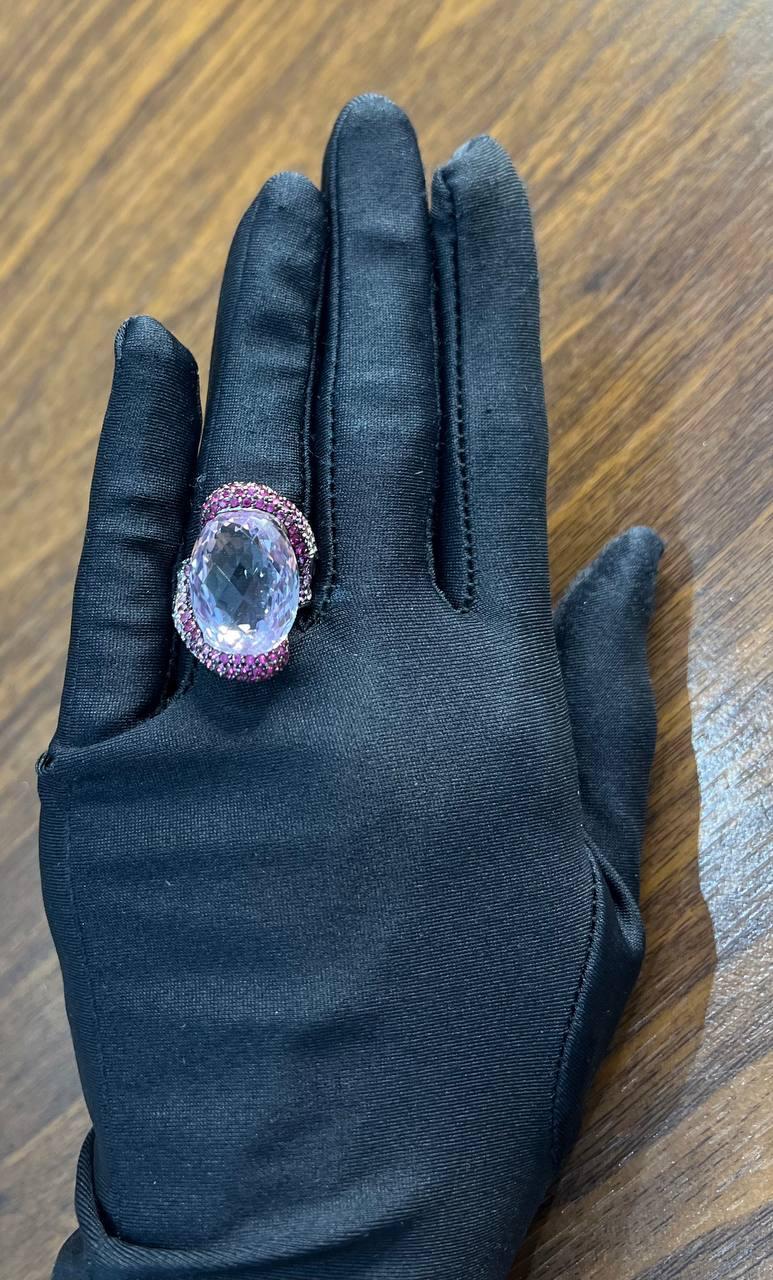 Oval Cut Light Purple Amethyst Pink Sapphire Pave 18K White Gold Statement Ring