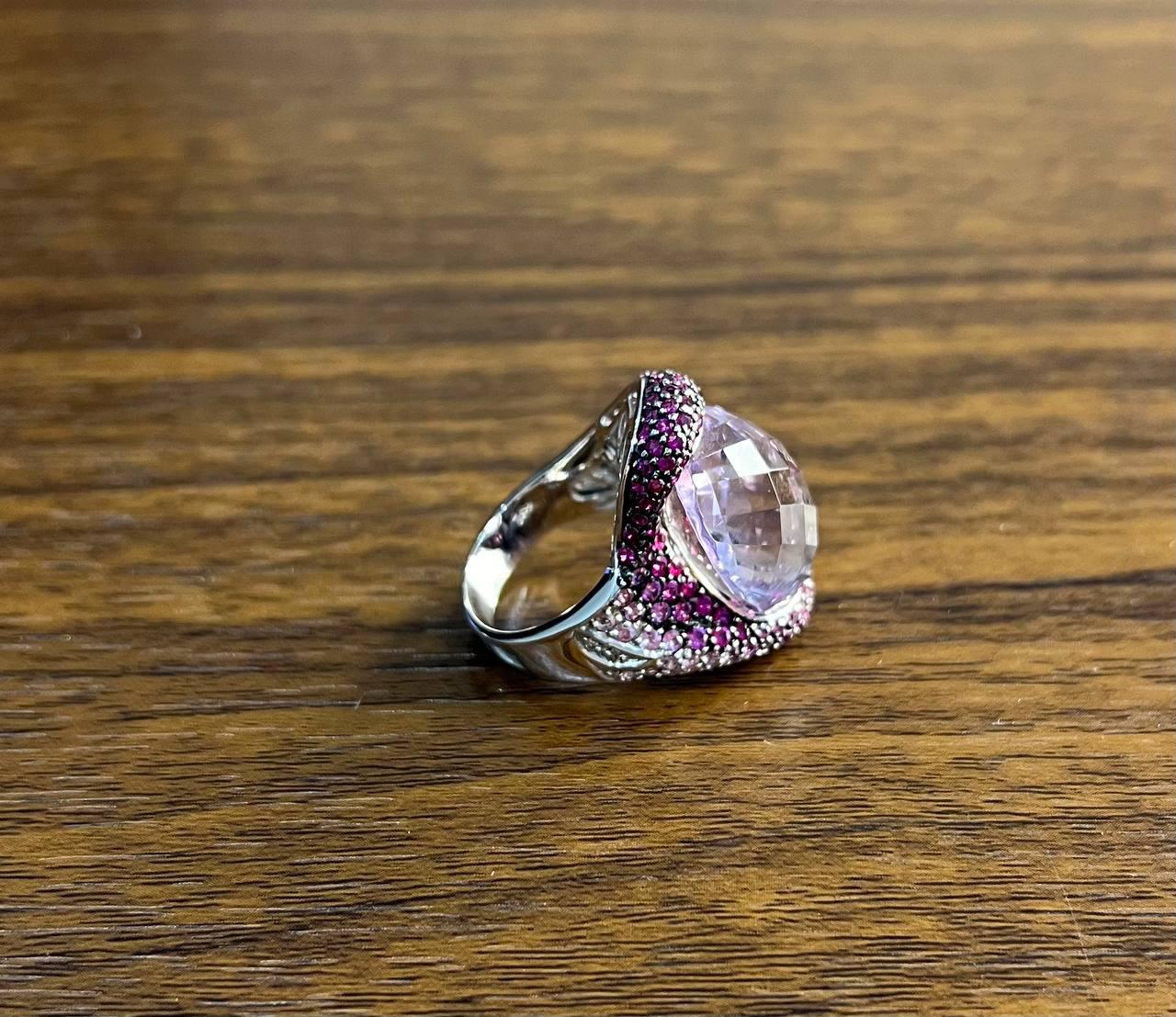 Oval Cut Light Purple Amethyst Pink Sapphire Pave 18K White Gold Statement Ring