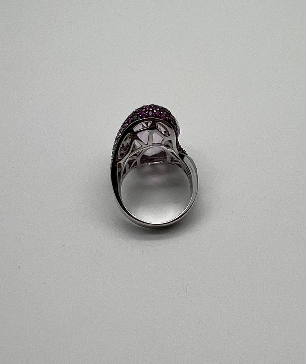 Oval Cut Light Purple Amethyst Pink Sapphire Pave 18K White Gold Statement Ring
