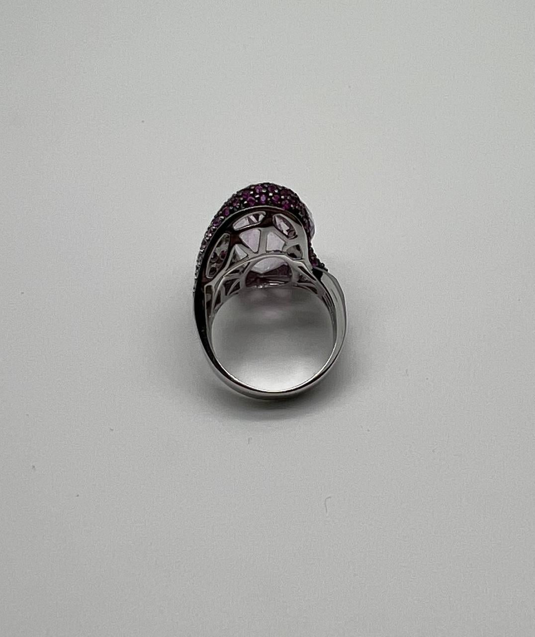 Oval Cut Light Purple Amethyst Pink Sapphire Pave 18K White Gold Statement Ring