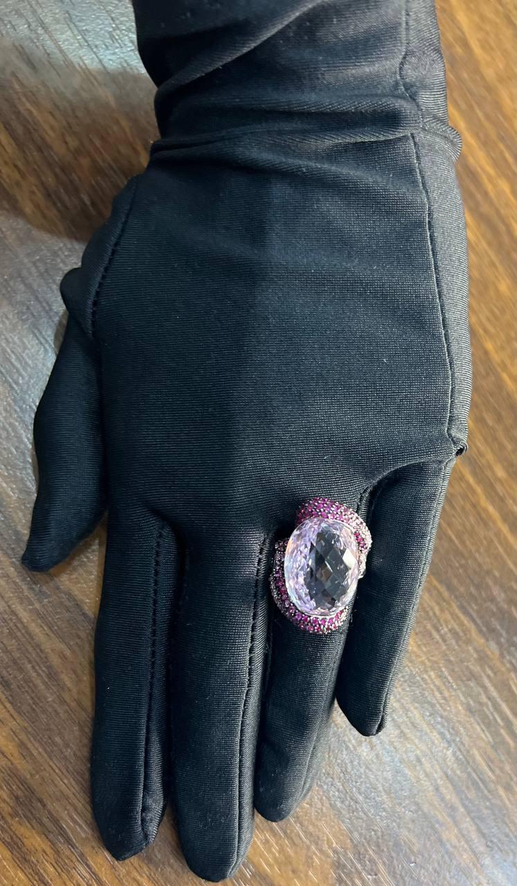 Oval Cut Light Purple Amethyst Pink Sapphire Pave 18K White Gold Statement Ring