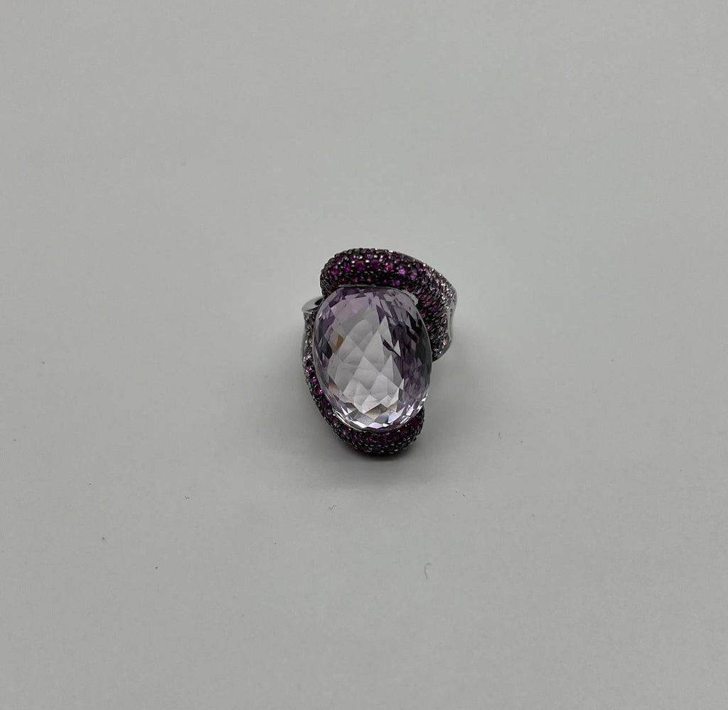 Oval Cut Light Purple Amethyst Pink Sapphire Pave 18K White Gold Statement Ring