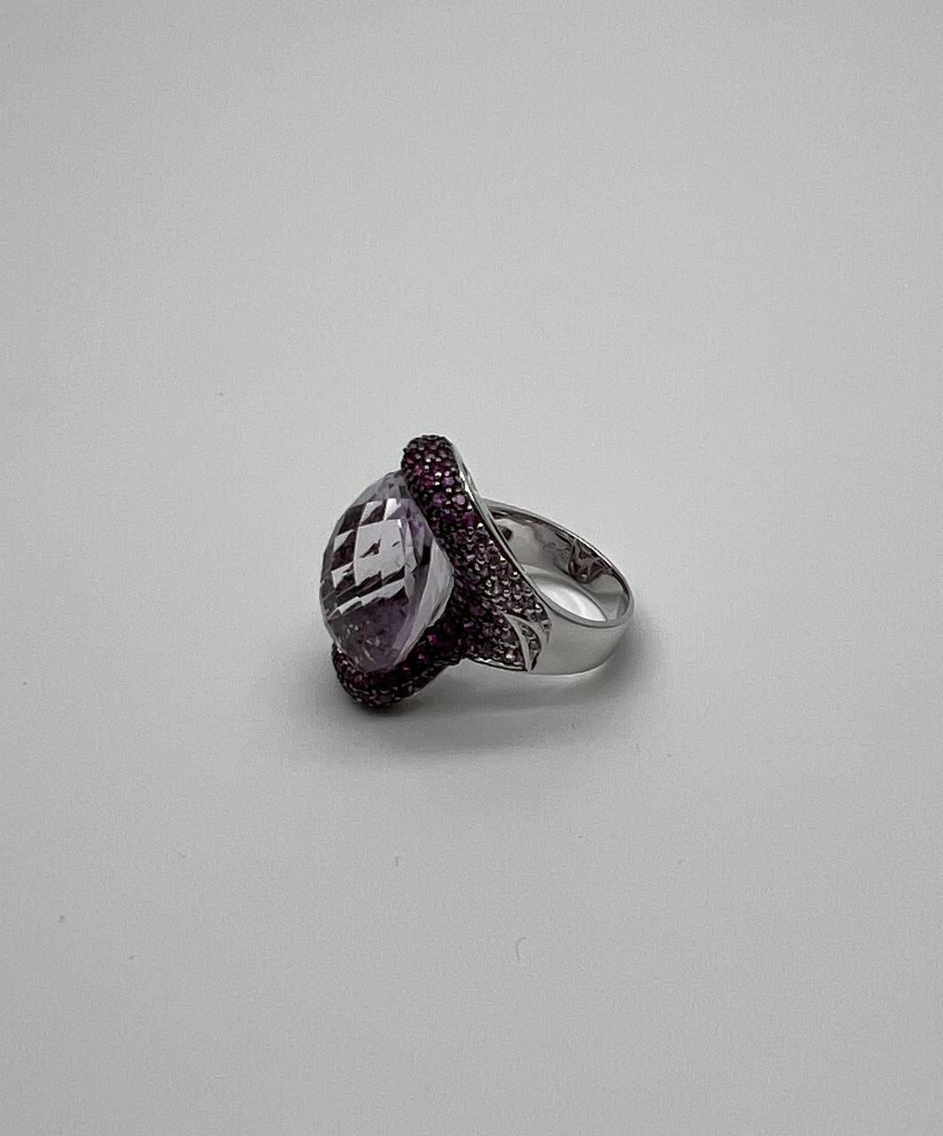 Oval Cut Light Purple Amethyst Pink Sapphire Pave 18K White Gold Statement Ring