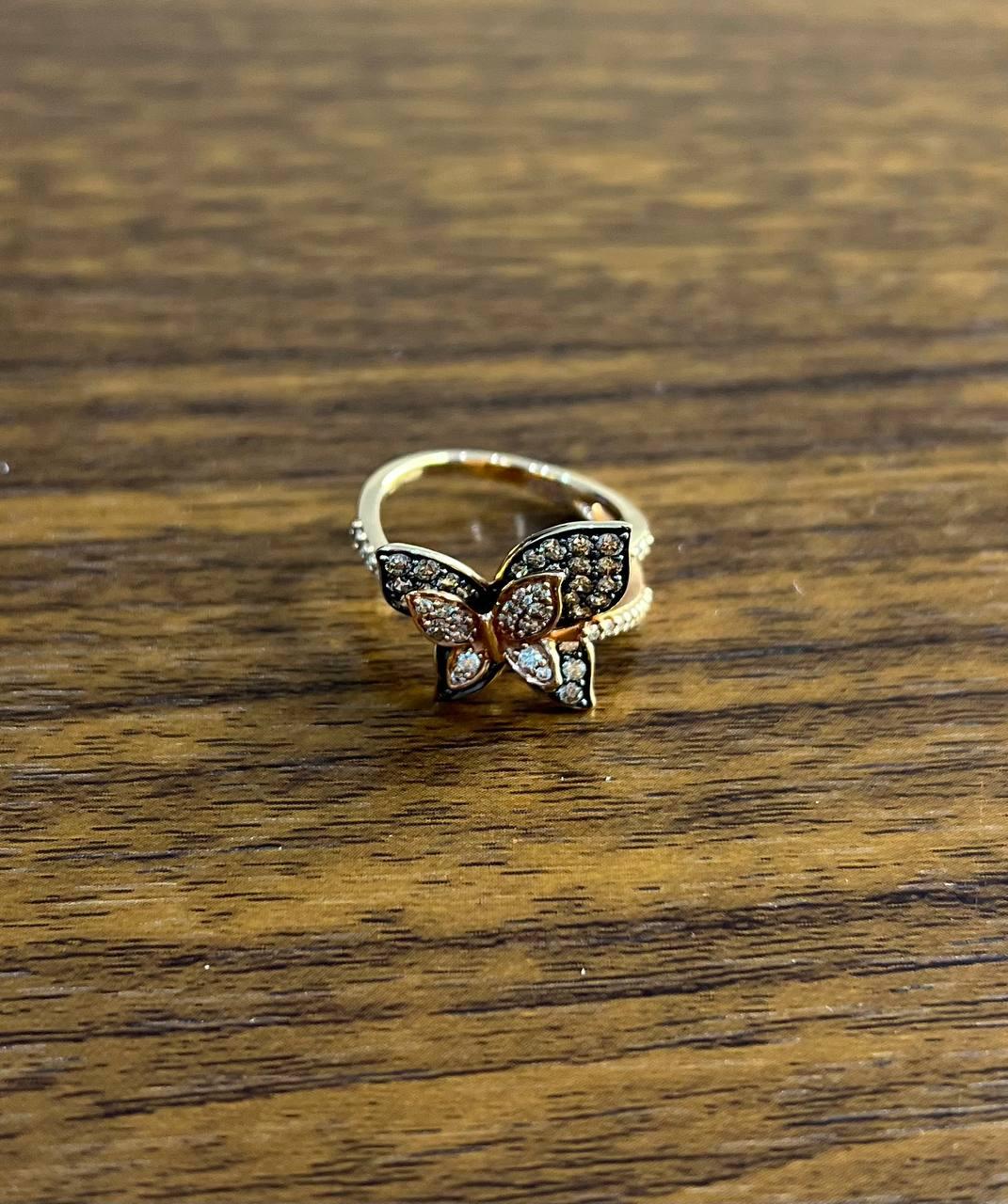 Butterfly White Champagne Diamond Pave Set Split Shank 14K Yellow Gold Ring