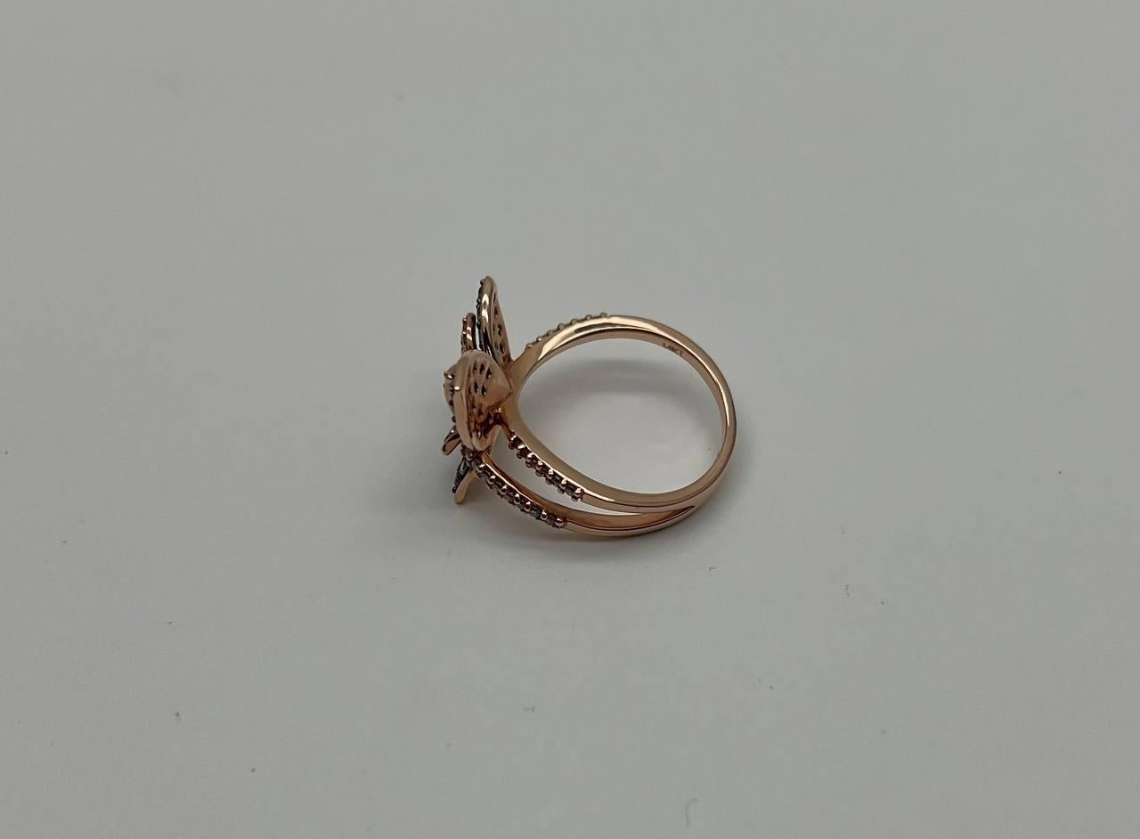 Butterfly White Champagne Diamond Pave Set Split Shank 14K Yellow Gold Ring